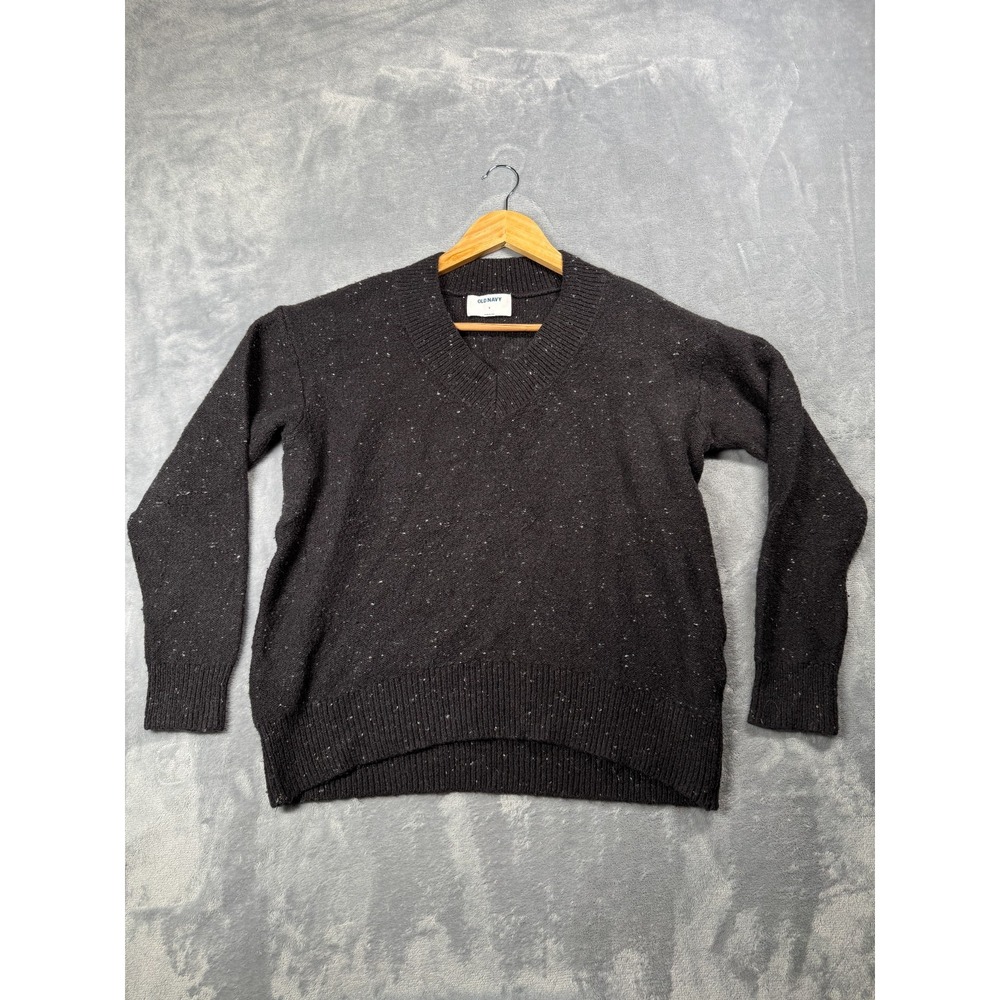 Old Navy Soft Slouch Sweater Womens Small Black Marled Knit Speckled V Neck Warm